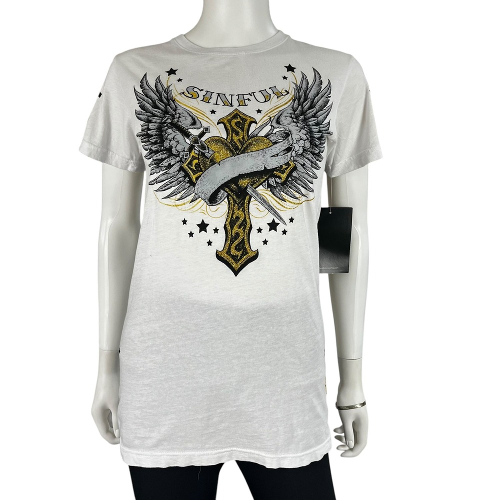 Sinful by Affliction Shirt Womens Small‎ White Angel Cross Short Sleeve
